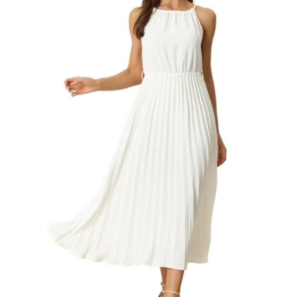 WD·NY Womens White Pleated Halter Midi Dress Elastic Waist Chiffon Size‎ Small